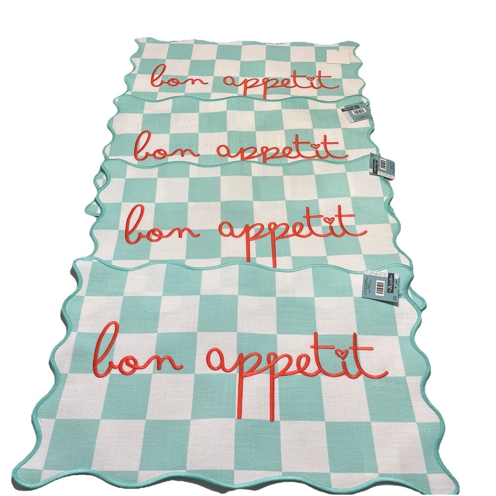The Spring Shop Bon Appetit Scalloped‎ Placemat Set Teal White Check Embroidered
